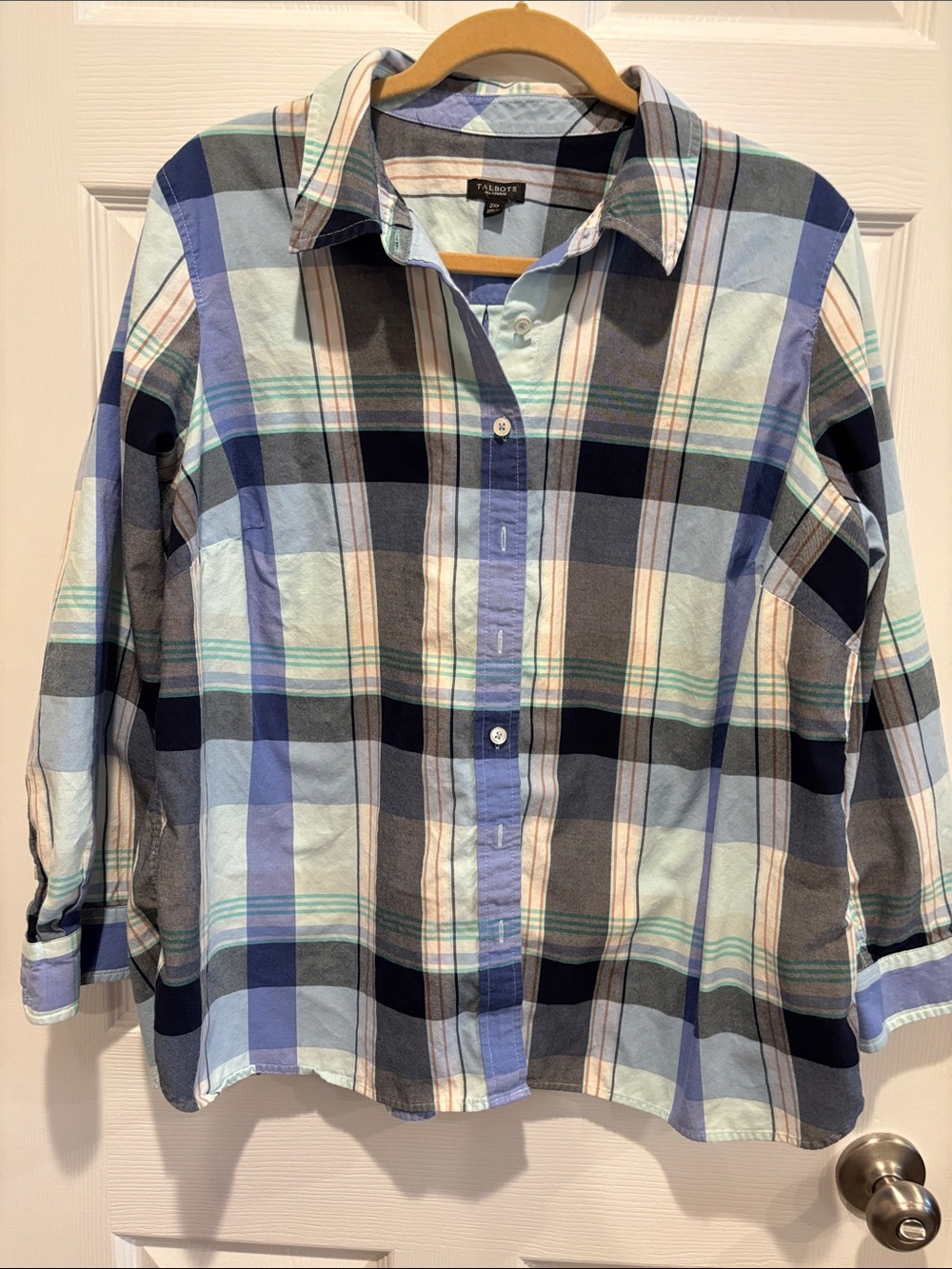 Talbots Blue Black Cream Plaid Button-Up Blouse